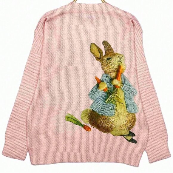 Pink Casual Women's Rabbit Pattern Pullover Long-Sleeved Tops - Picture 2 of 4